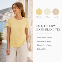 Pull tricoté jaune uni pour femme, col rond, manches courtes, avec couture centrale, idéal pour les saisons chaudes et le quotidien