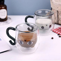 Tasse à café en verre borosilicate de haute qualité, nouveau style chat, double paroi, couleur grise, capacité 250 ml, fabriquée en usine depuis 41 ans