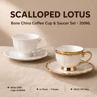 Ensemble tasse et soucoupe à café en porcelaine fine New Bone China, motif lotus festonné, 200 ml, en stock, logo OEM, pour le thé de l'après-midi, cadeau de mariage