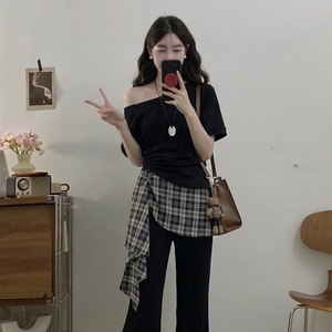 Korean Style Off Shoulder Two Piece Set Black Short Sleeve Plaid Splicing Summer Casual Women's Loose Fit Suit FQ 610 - Product Image 3