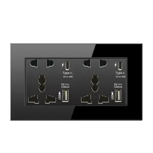 Enchufe universal británico de vidrio templado negro doble 5 pines con USB doble y 3.1A USB tipo C enchufe de interruptor de pared de carga rápida