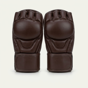 Gants de boxe MMA en cuir PU marron, demi-doigts, avec support de poignet Velcro - Product Image 1