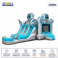 Château gonflable commercial pour enfants sur le thème du futur robotique, avec figurines 3D et double toboggan, idéal pour anniversaire sur le thème de la robotique