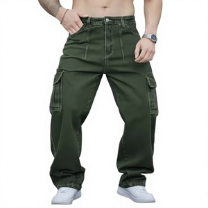 Jeans cargo vert slim fit pour homme, pantalon en denim délavé décontracté, style vintage classique, streetwear, coupe droite, poches latérales, 100% coton - Product Image 2