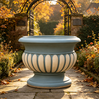 Urne à plantes en résine faite à la main, bicolore bleu-crème, peinte à la main, sur piédestal cannelé européen, style classique vintage, grande taille, pour extérieur.