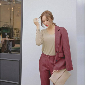 Completo da Lavoro OL 2 Pezzi, Giacca Blazer a Righe <span class=keywords><strong>Doppiopetto</strong></span> e Pantaloni con Zip, Completo Femminile Primaverile - Product Image 4