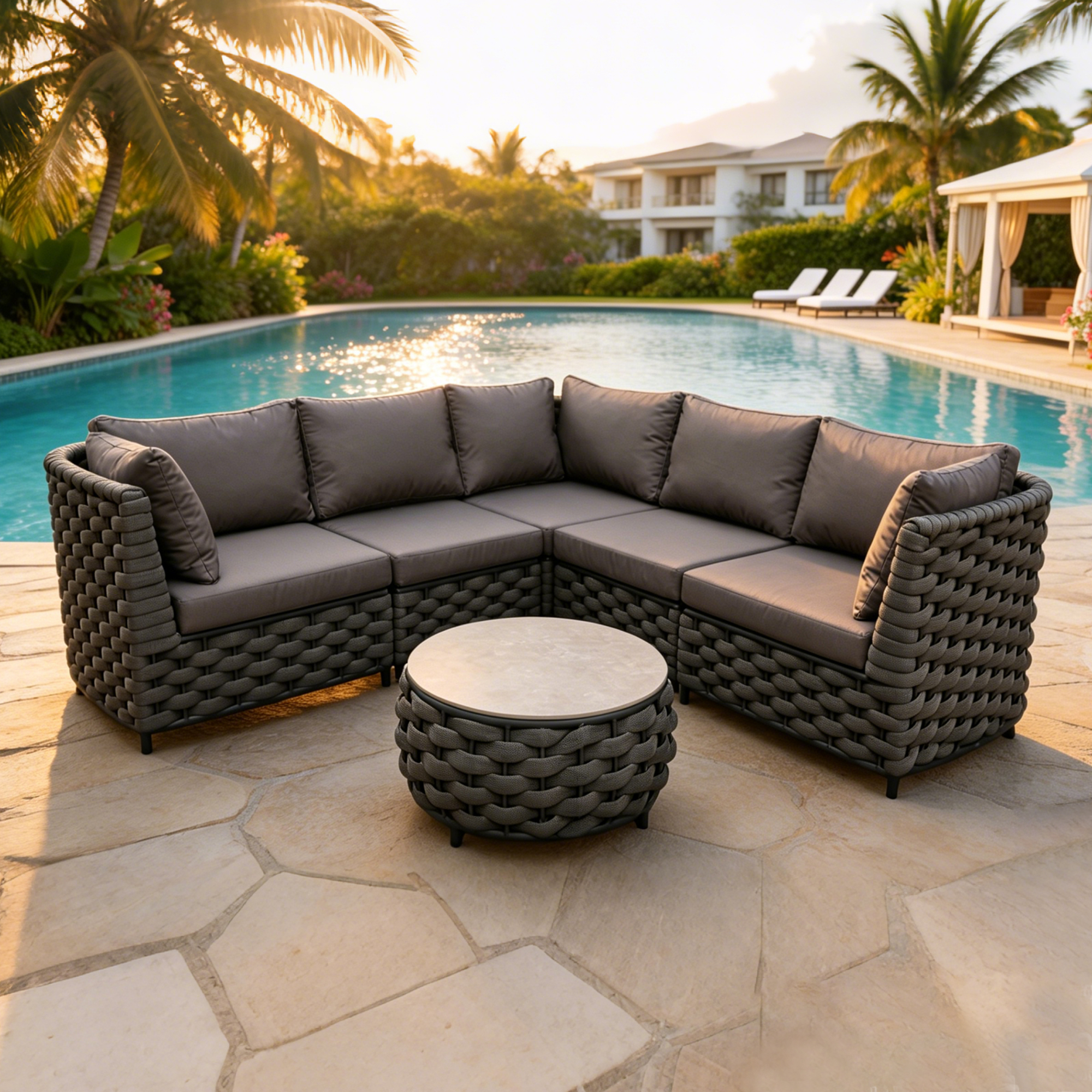 Eco-friendly Rope Woven Outdoor Patio Furniture Set Modern Garden Sofa Set with Teak Table Set for Luxury Home