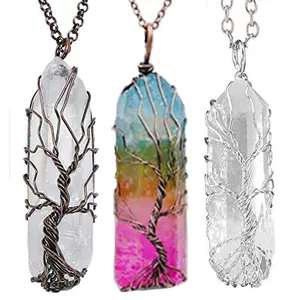 7 Chakra Natuurlijke Regenboog Steen Hanger Healing Crystal Ketting Unisex Lange Ketting Boom Van Leven Verklaring Jewelry Gift