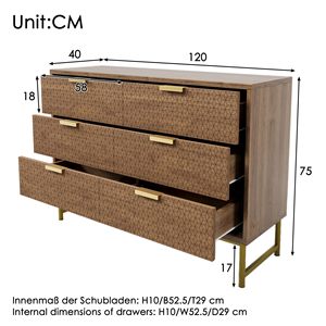 Cómoda Moderna de 6 Cajones con Patrón Geométrico en Relieve, Tiradores Metálicos Dorados, Patas y Estructura de Aglomerado, para Dormitorio, Sala de Estar o Entrada - Product Image 6