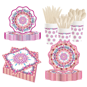 DAMAI Chinese Style Happy Birthday Theme Party Kits PinkWave Shape Disposable Party <b>Paper</b> Plates Cups Napkin Tableware Set - Product Image 2