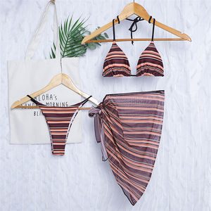 New Sexy Halter Striped Bikini Women Micro <strong>Thong</strong> <strong>Swimwear</strong> 3 Pieces With Short Sarong Bathing Suit Swim - Product Image 3