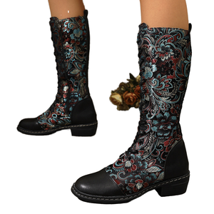 Elegant Plus Size Floral Retro Embroidered Lace-up Winter Boots Women Square Heel Tall Boots - Product Image 1