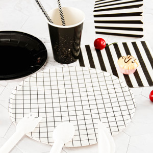 Trắng & đen chủ đề dùng một lần phân hủy Bộ đồ ăn trang trí lưới Streak Round Shaped 7 "/9" giấy tấm ly Khăn ăn - Product Image 5