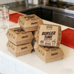 Boîte à hamburger en pâte de bois épaisse écologique de couleur naturelle, boîte à emporter en papier kraft - Product Image 1