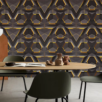 Papier Peint 3D Géométrie Noir Or pour Décoration d'Intérieur, Adhésif Épaissi Décollable et Collable, Stickers Muraux PVC Imperméables pour Cuisine