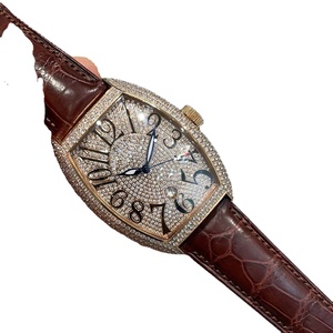 Montres mécaniques haut de gamme pour hommes et femmes, entièrement serties de diamants, forme tonneau, avec bracelets en cuir véritable - Product Image 2