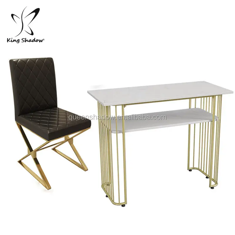 गर्म बिक्री फ्रेंच शैली मैनीक्योर टेबल धातु नाखून सैलून काले कुर्सी सोने पैर सौंदर्य नाई की दुकान नाखून सैलून के लिए सेट बिक्री पर