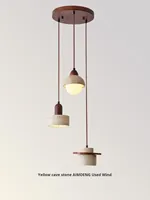 Lampe de table à manger style vintage, grand lustre à trois têtes, style Wabi-Sabi, rétro, en bois massif et pierre, LED 4000K, pour bar