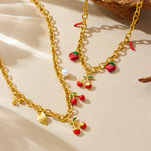 European And American Style Fruit Pendant Necklace With Strawberry Cherry Charms Stainless Steel Chain Everyday Wear - Product Image 1