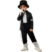 Costume de spectacle pour garçons style Jackson, veste, pantalon, chapeau et gants en polyester noir à paillettes disco pour spectacle de danse sur scène