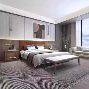 Economy Hotel Bedroom Sets <b>King</b> <b>Size</b> Wooden Base <b>Bed</b> <b>Frame</b> <b>with</b> <b>Headboard</b> Nightstand Ottoman Wardrobe for 3 Star Hotels Project - Product Image 2