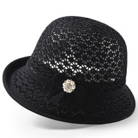 Sombrero de Verano Casual para Mujer, de Poliéster, Estilo Cloche, con Apliques Florales Elegantes, Decoración de Perlas y Diamantes de Imitación, Sombrero de Sol Tipo Bucket