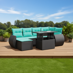 Set di divani da esterno in polyrattan nero da 7 pezzi con cuscini, eleganti mobili da giardino - Product Image 2
