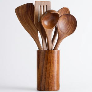 6-Piece Natural Wood Utensil <b>Set</b> with Holder Eco-Friendly Cooking <b>Spatula</b> Spoon Skimmer - Product Image 1