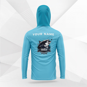 2024 desain baru kaus memancing lengan panjang pria bersirkulasi UPF50 + Hood masker berpori tahan angin belahan samping 100% poliester - Product Image 2
