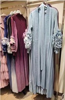 Ensemble deux pièces plissé dégradé violet sur mesure, style Dubaï, avec manches à volants, Abaya ouverte, tenue islamique modeste pour femme, Aïd