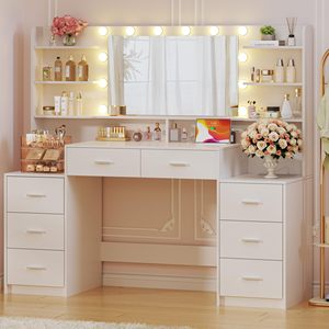 Make up Table Vanity <strong>Desk</strong> <strong>Large</strong> with Mirror &amp; Lights White 8 Drawers &amp; 6 Storage Shelves Vanity Set with Lights and Power Outlet - Product Image 1