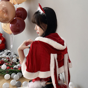 Cape à capuche en velours rouge avec bordure blanche, accessoire de costume pour fête de Noël, cosplay - Product Image 1