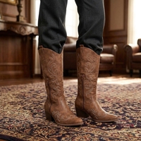 Bottes de cowboy vintage brodées sur mesure pour femmes, hauteur genou, bout pointu, talon bloc empilé, vente en gros