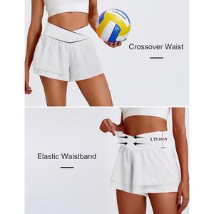 Shorts de course athlétiques pour femmes FOXA, taille haute, croisés, avec poche, 3 pouces, blanc uni, pour l'entraînement - Product Image 3