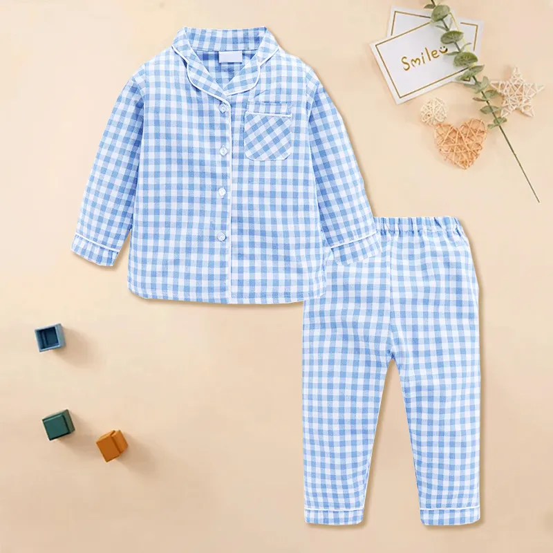 All'ingrosso per bambini unisex bottone tinta unita abbigliamento da notte in cotone per bambini 2 pezzi pigiama a manica lunga pigiama personalizzato