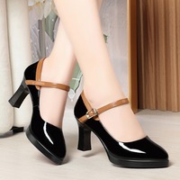 Xuanhui Neuheiten Spitze Mary Jane Pumps für Damen, Sexy Schwarzes Lackleder 7cm Blockabsatz High Heels für Party und Hochzeit