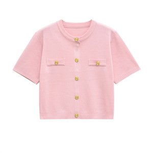 <span class=keywords><strong>Cardigan</strong></span> da Donna Elegante in Maglia Personalizzato all'Ingrosso a Maniche Corte con Girocollo e Bottoni Dorati - Product Image 3