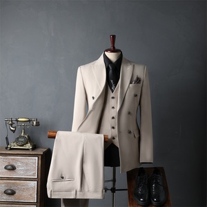 2025 automne nouveau décontracté Style coréen Double boutonnage hommes <span class=keywords><strong>costume</strong></span> ensemble <span class=keywords><strong>Beige</strong></span> Long <span class=keywords><strong>mariage</strong></span> <span class=keywords><strong>costume</strong></span> pour marié garçons d'honneur plat avant - Product Image 3