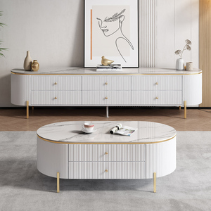 Set di Lusso con Porta TV e Tavolino in Legno con Top in Marmo, Stile Moderno di Alta Gamma per Soggiorno, Design Sospeso Colore Beige - Product Image 1