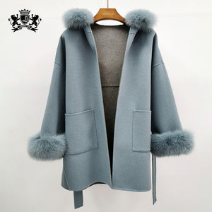Manteau d'hiver pour <span class=keywords><strong>femme</strong></span> en cachemire, doux, élégant et tendance, avec capuche amovible en vraie fourrure de renard, nouvelle collection - Product Image 2