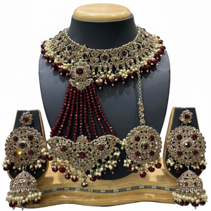 Parure de collier ras-du-cou, boucles d'oreilles et Maang Tikka en cuivre plaqué or vintage avec perles, tendance, faite à la main, pour mariée, fête ou cadeau de mariage - Product Image 2