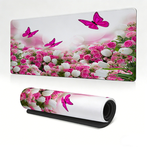 Grand tapis de bureau floral tulipe printanière avec motif Border <span class=keywords><strong>Collie</strong></span> mignon, tapis de souris de jeu étendu imperméable style animalier avec <span class=keywords><strong>bord</strong></span> cousu - Product Image 4