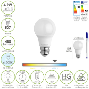 Lampadina LED standard, attacco a vite E27. 4,9 Watt. Equivalente a 40 Watt. 480 Lumen. Bianco Freddo (6500K). - Product Image 1
