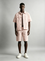 Setelan Kemeja Denim Lengan Pendek Multi-Saku Warna Pink Muda Pria 2026, Celana Pendek, Fit Longgar, Kancing Warna Emas, Cepat Kering, Kasual