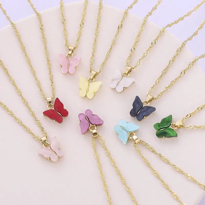 Summer Gold Chain Pink Yellow Purple Blue 9 colors Acrylic Butterfly Charm Pendant Necklace Earrings Jewelry for Women Girls