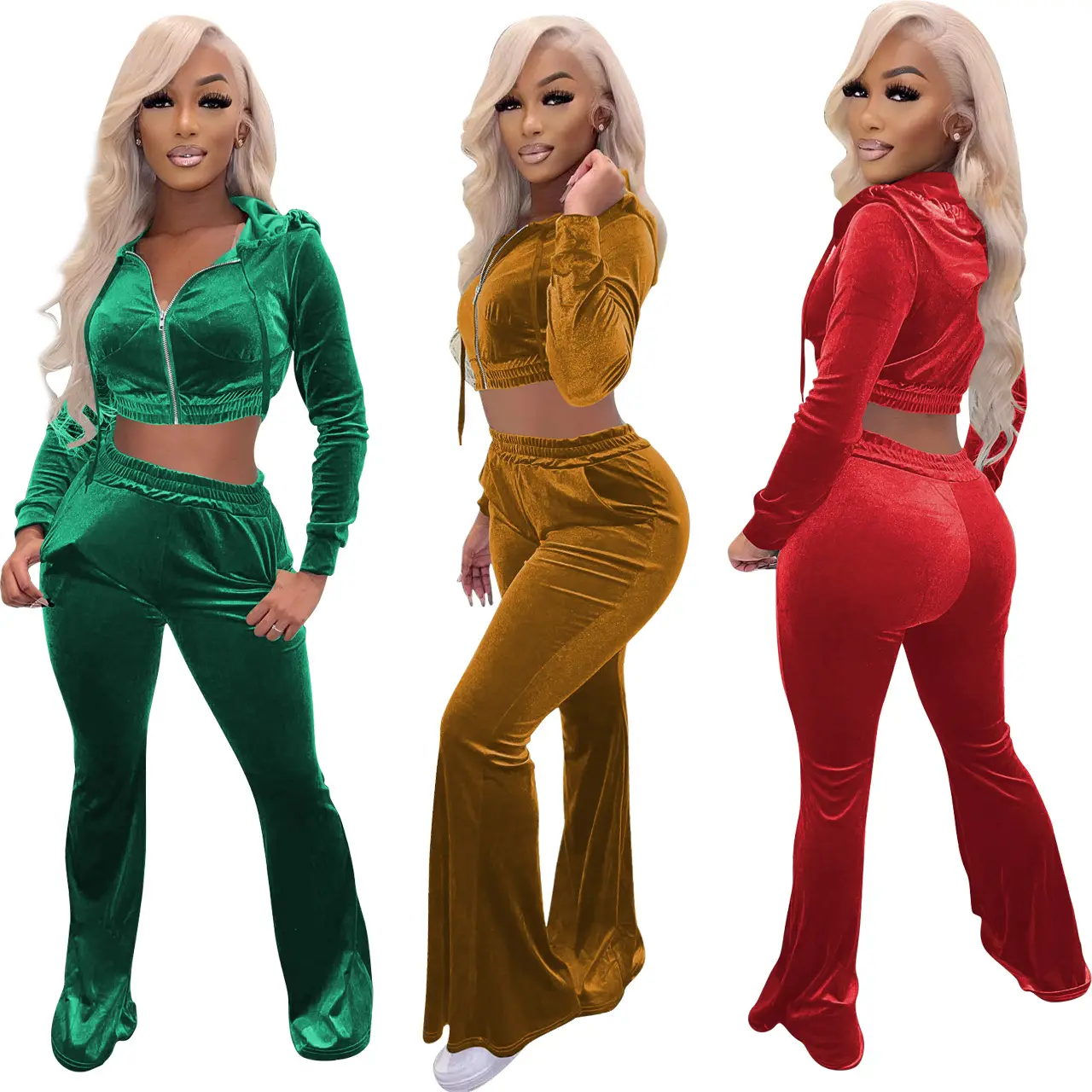 Velvet Hooded Jackets Wide Leg Pants 2 Piece Set Women 2022 Tracksuit Set Jogging Suits Sweatshirt Women Two Piece Velvet Set