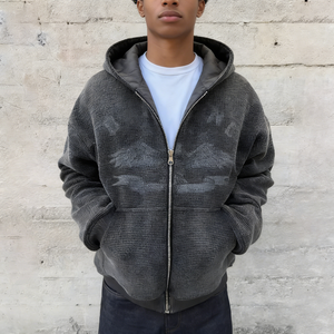 Felpa con Zip Personalizzata Reversibile in Maglia Waffle Effetto Camouflage, Taglio Corto Oversize con Spalle Scese per <span class=keywords><strong>Uomo</strong></span> - Product Image 1