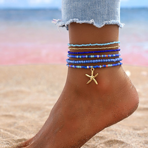 Yehhy Bohemian Juego de 7 <span class=keywords><strong>tobilleras</strong></span> elásticas, joyería para el pie multicapa y multicolor, <span class=keywords><strong>con</strong></span> cuentas de semillas de estrella de mar, apilables, dijes de playa - Product Image 6