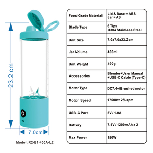 เครื่องปั่นแบบพกพาไร้สายชาร์จ USB 400ml ขวดน้ำผลไม้สดเครื่องโกนหนวดน้ำแข็งเครื่องผสมไฟฟ้ามือถือถ้วยเดินทาง - Product Image 2
