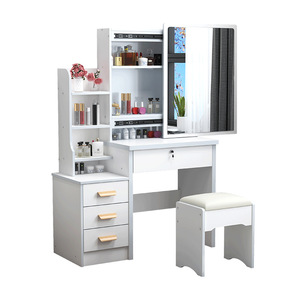 Table de toilette de luxe avec miroir coulissant éclairé par LED et panneau en bois durable, mobilier de chambre à coucher pour femmes - Product Image 5